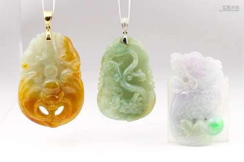 (Lot of 3) Carved jadeite, diamond, gold pendants