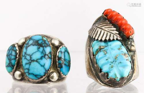 (Lot of 2) Native American turquoise, coral, silver