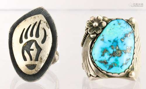 (Lot of 2) Native American turquoise, silver rings