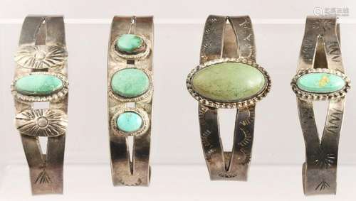 (Lot of 4) Native American turquoise, silver bracelets