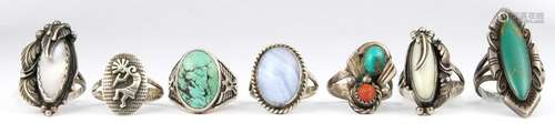 (Lot of 7) multi-stone, silver rings