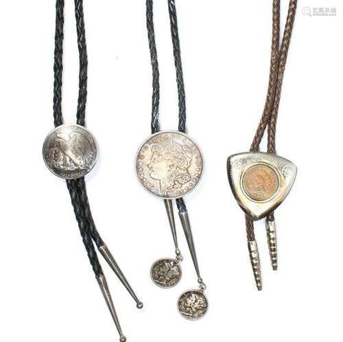 (Lot of 3) Native American coin, silver, metal bolo