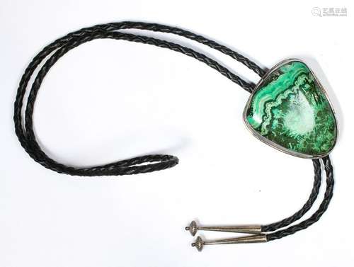 Malachite, sterling silver, leather bolo tie