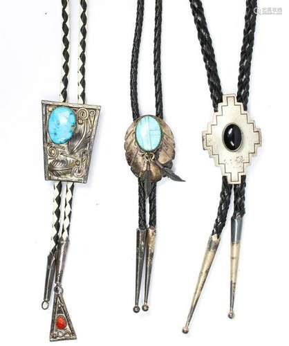 (Lot of 3) Native American multi-stone, silver bolo