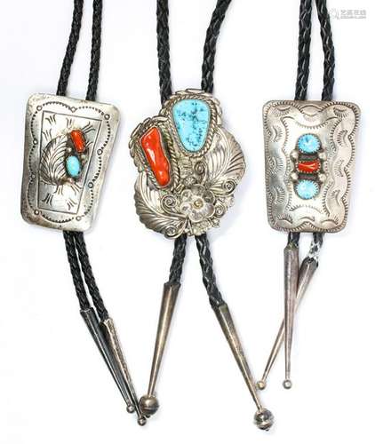 (Lot of 3) Native American turquoise, coral, silver