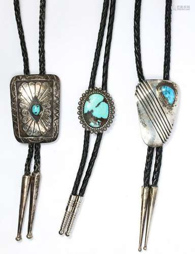 (Lot of 3) Native American turquoise, silver bolo ties