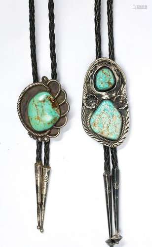 (Lot of 2) Native American turquoise, silver bolo ties