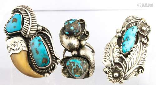 (Lot of 3) Native American turquoise, sterling silver,