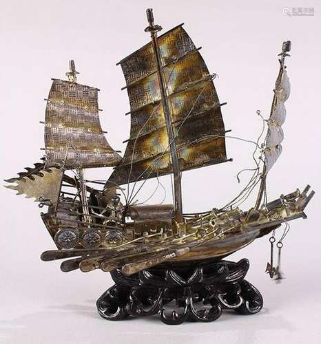 Chinese silver figural junk equiped with sails