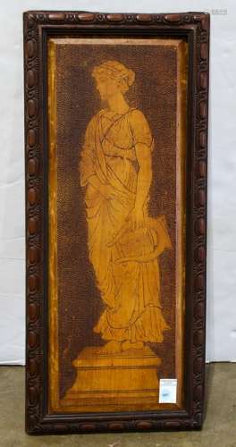 Victorian pyrographic decorated wood panel