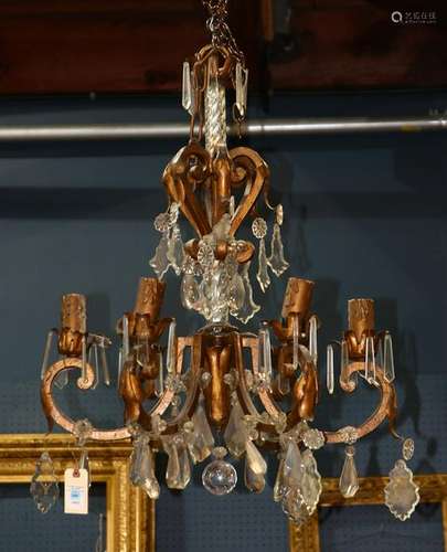 Continental crystal and patinated metal chandelier