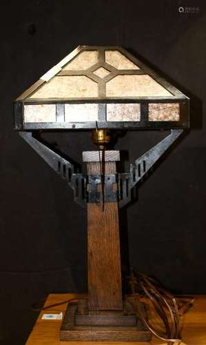 Arts and Crafts style oak lamp fitted with a metal