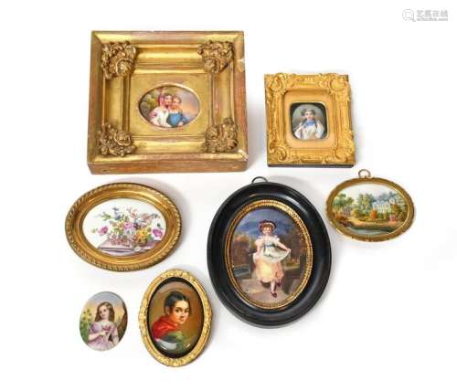 A group of seven miniature paintings on enamel and…