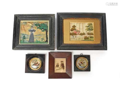 Two needlework pictures, one depicting a rural lan…