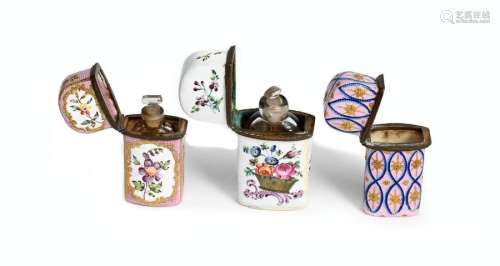 Three English enamel scent bottle holders c.1760 8…