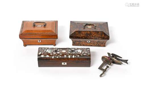 Three sewing boxes 19th century, one with a burr v…