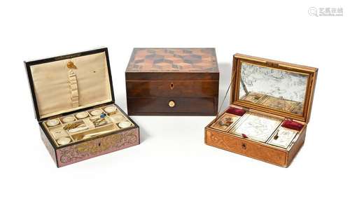 Three sewing boxes 19th century, one marquetry and…