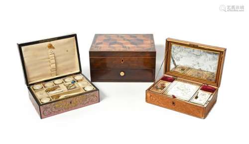 Three sewing boxes 19th century, one marquetry and…