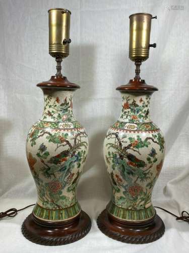 Pair Chinese Famille Verte Porcelain Vases Lamps