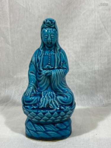 Chinese Peacock Blue Porcelain Kuanyin on Lotus