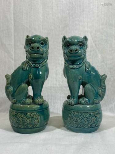 Pair Chinese Peacock Blue Porcelain Foolions