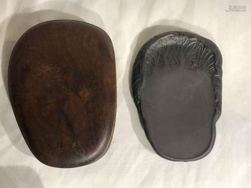 Chinese Duan Inkstone with Rosewood Case - Cabbage