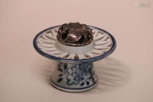 Japanese Blue White Porcelain Censer with Silver Lid