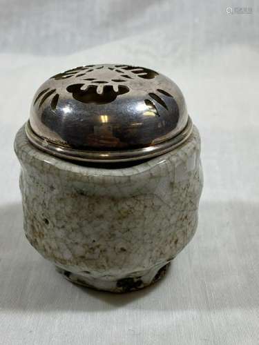 Japanese Shino Glazed Censer with Sterling Silver Cover