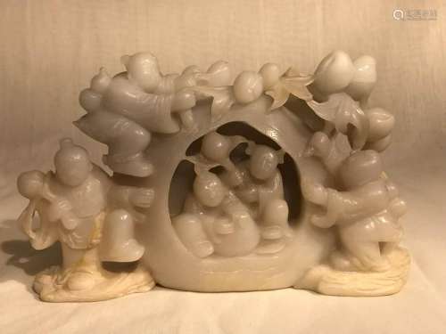 Chinese White Jade Boulder Carving - Boy with Peach