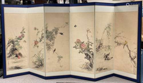 Japanese Floor Screen with Rooster and Birds