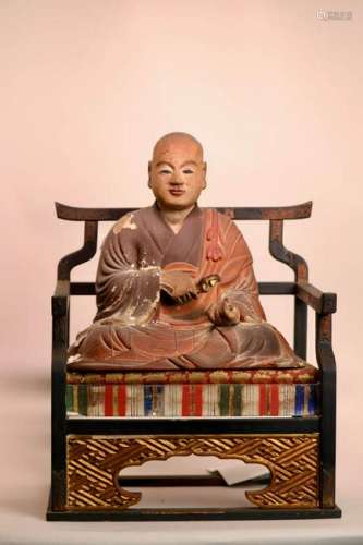 Japanese Lacquered Wood Seated Priest on Chair
