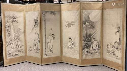 Japanese Six Fold Screen with Immortal Scene