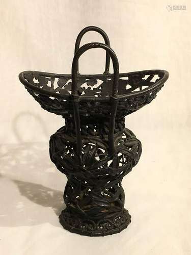 Japanese Bronze Ju Cup Vessel - Bamboo Woven