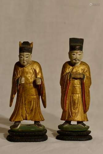 Pair Chinese Antique Wood Daoist Figurines