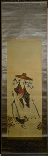 Japanese Water Color Scroll Painting - Lady with Hat