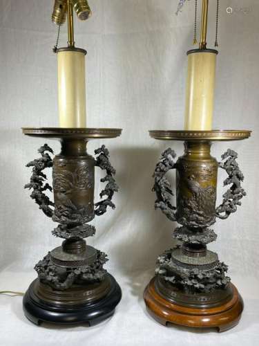 Pair Japanese Bronze Vases with Bird and Figural Scene
