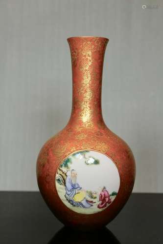 Chinese Coral Red Porcelain Vase with Boy Scene -