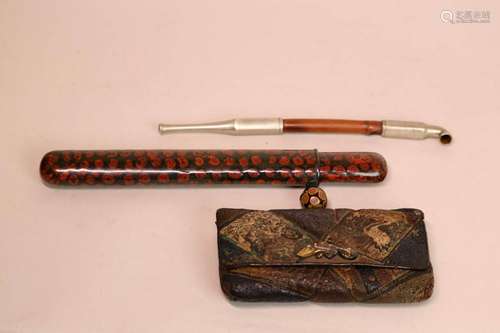 Japanese Lacquer and leather Tobacco Set - Mixed Metal