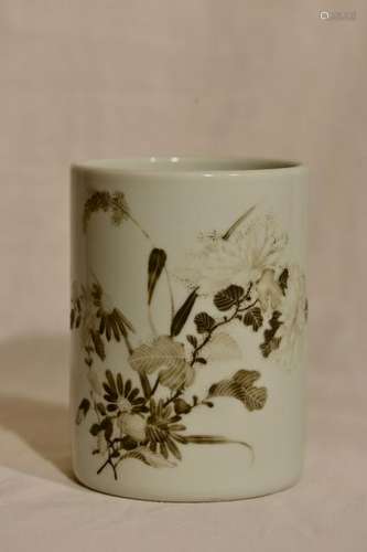 Chinese Scholar Porcelain Brushpot with Foral Scene