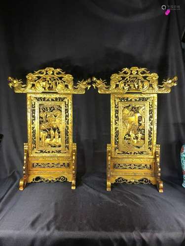 Pair Chinese Gold Lacquer Screen with Warriors