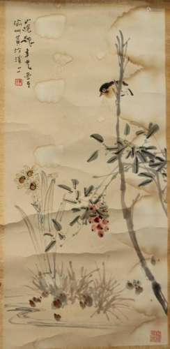 Chinese Scoll Painting of Bird with Flower