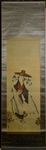 Japanese Water Color Scroll Painting - Lady with Hat