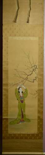 Japanese Water Color Scroll Painting -  Lady under Tree