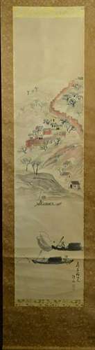 Japanese Water Color Scroll Painting - Boat Scene