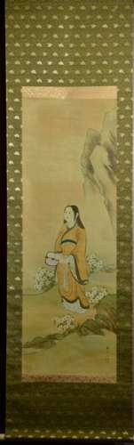 Japanese Water Color Scroll Painting - Lady with Fan