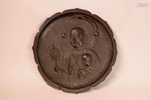 Japanese Iron Plaque with Buddha Scene