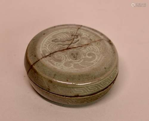 Rare Korean Porcelain Celadon Seal Paste Box with Face