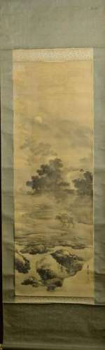 Japanese Water Color Scroll Painting - boy in mountain
