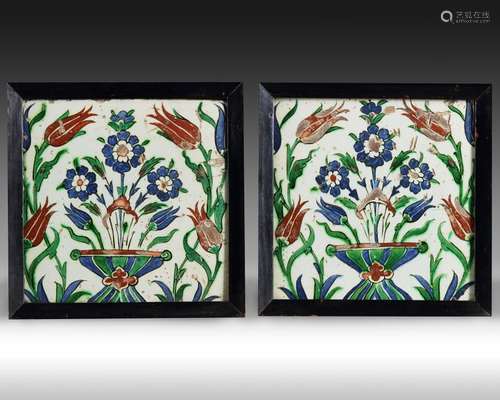 A PAIR OF SQUARE FRAMED IZNIK TILES