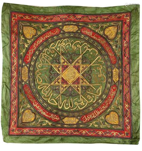 AN OTTOMAN GREEN WITH GILT WIRE BROCADE KISWAH FRA…